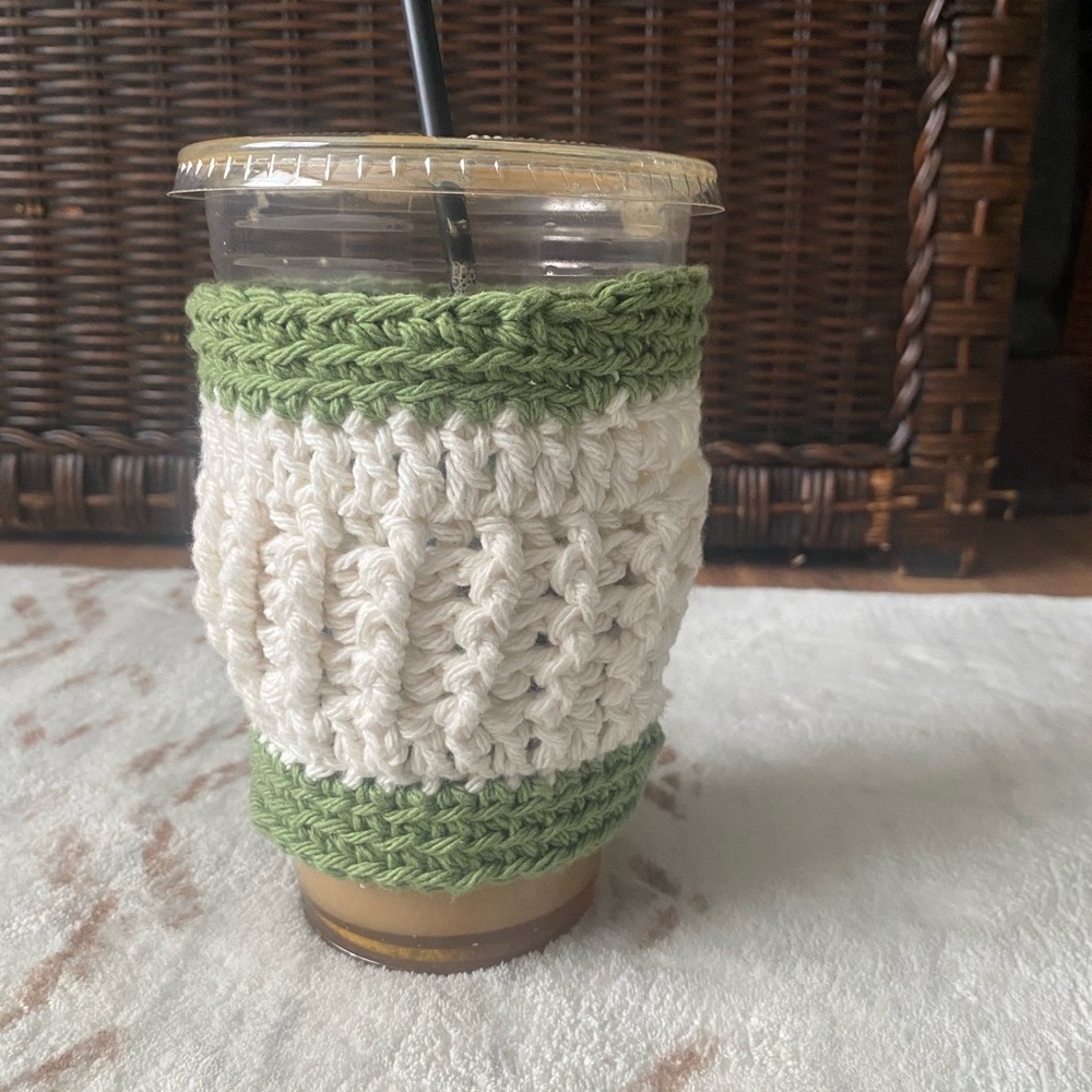 Handmade Sage Green Crochet Coffee Cup Cozy Reusable Eco-Friendly Cotton Boho